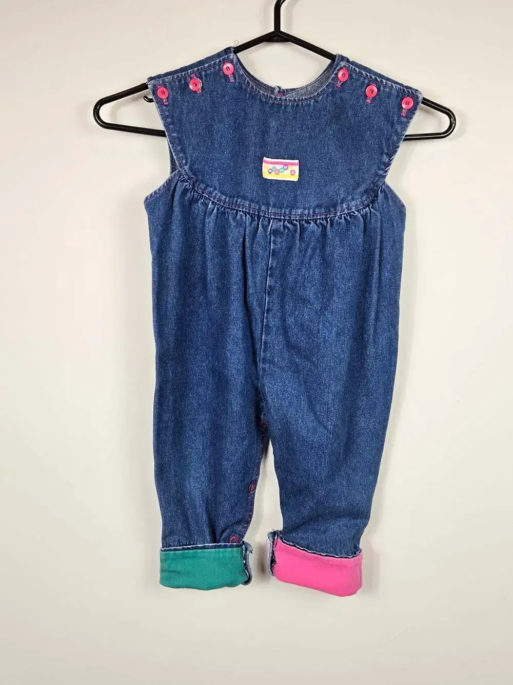 Vintage Krickets Denim Overalls Kids 18M Pink Buttons 90s Baggy Jumpsuit